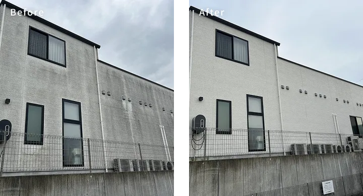 名古屋市緑区の外壁洗浄施工事例。クリニック外壁の施工前と施工後を比較した写真