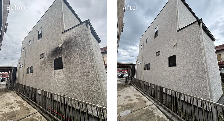 小牧市で施工した戸建住宅の外壁洗浄施工事例。施工前と施工後を比較した写真